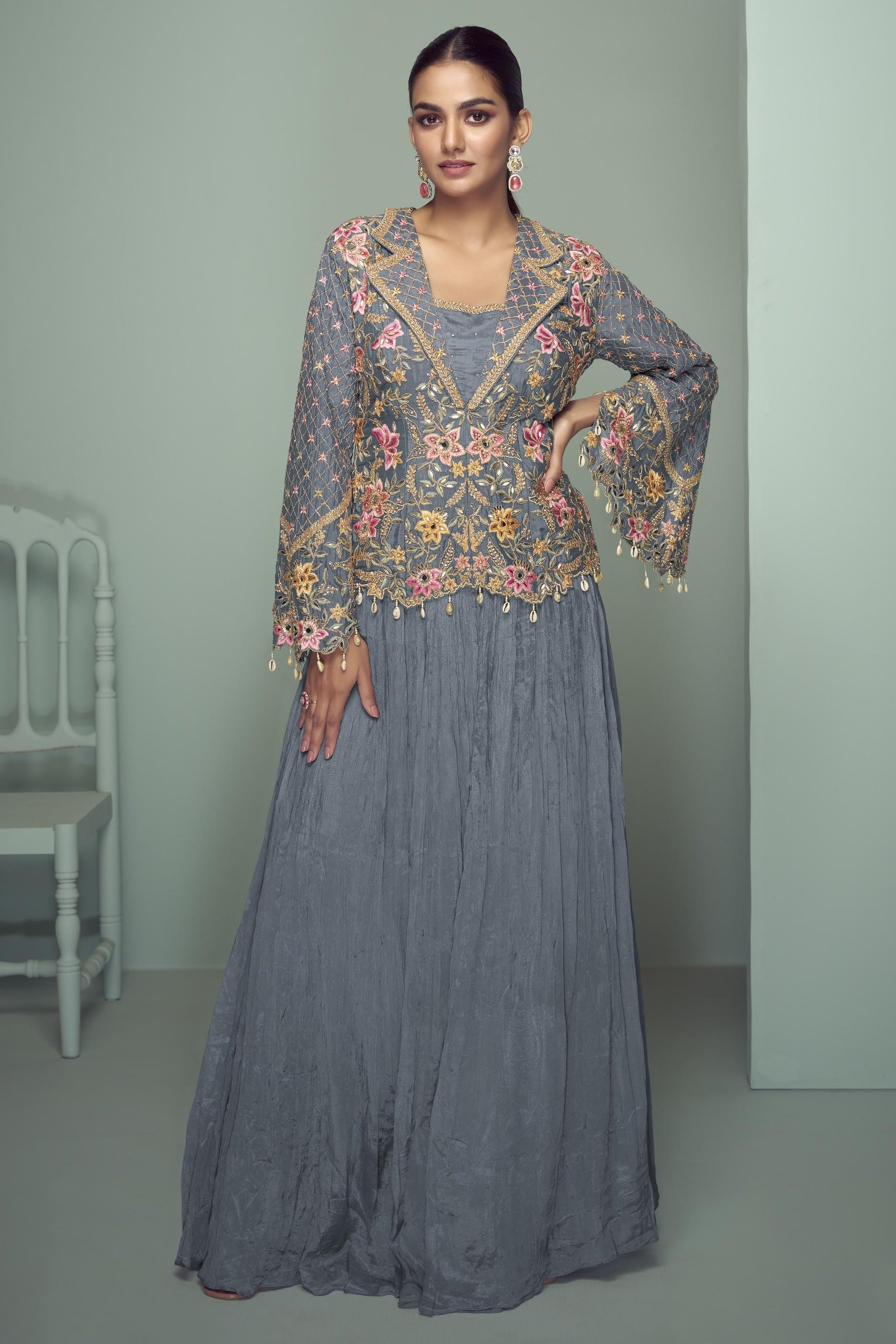 Grey Chinon Silk Kameez With Skirt For Indian & Pakistani Wedding Festival - Thread Embroidery Work, Real Mirror Work, Dori Work