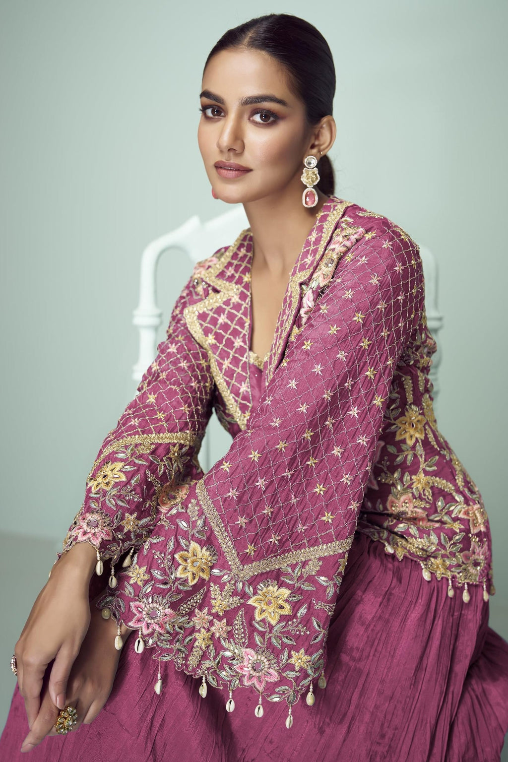 Pink Chinon Silk Kameez With Skirt For Indian & Pakistani Wedding Festival - Thread Embroidery Work, Real Mirror Work, Dori Work