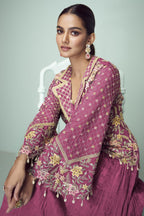 Pink Chinon Silk Kameez With Skirt For Indian & Pakistani Wedding Festival - Thread Embroidery Work, Real Mirror Work, Dori Work