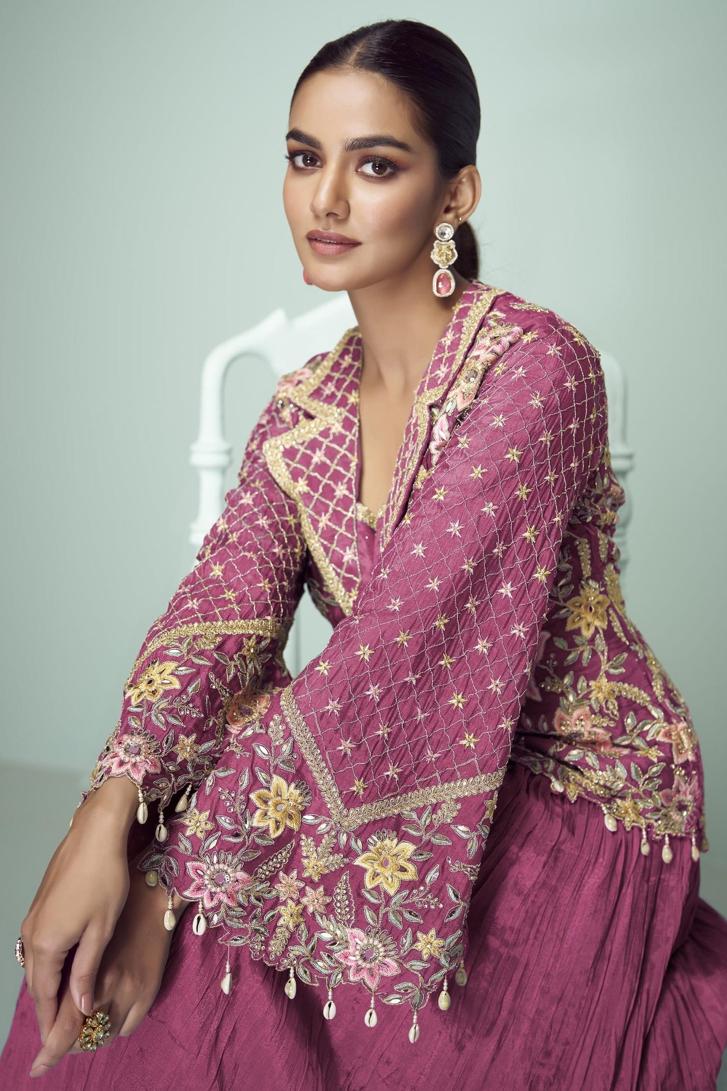 Pink Chinon Silk Kameez With Skirt For Indian & Pakistani Wedding Festival - Thread Embroidery Work, Real Mirror Work, Dori Work