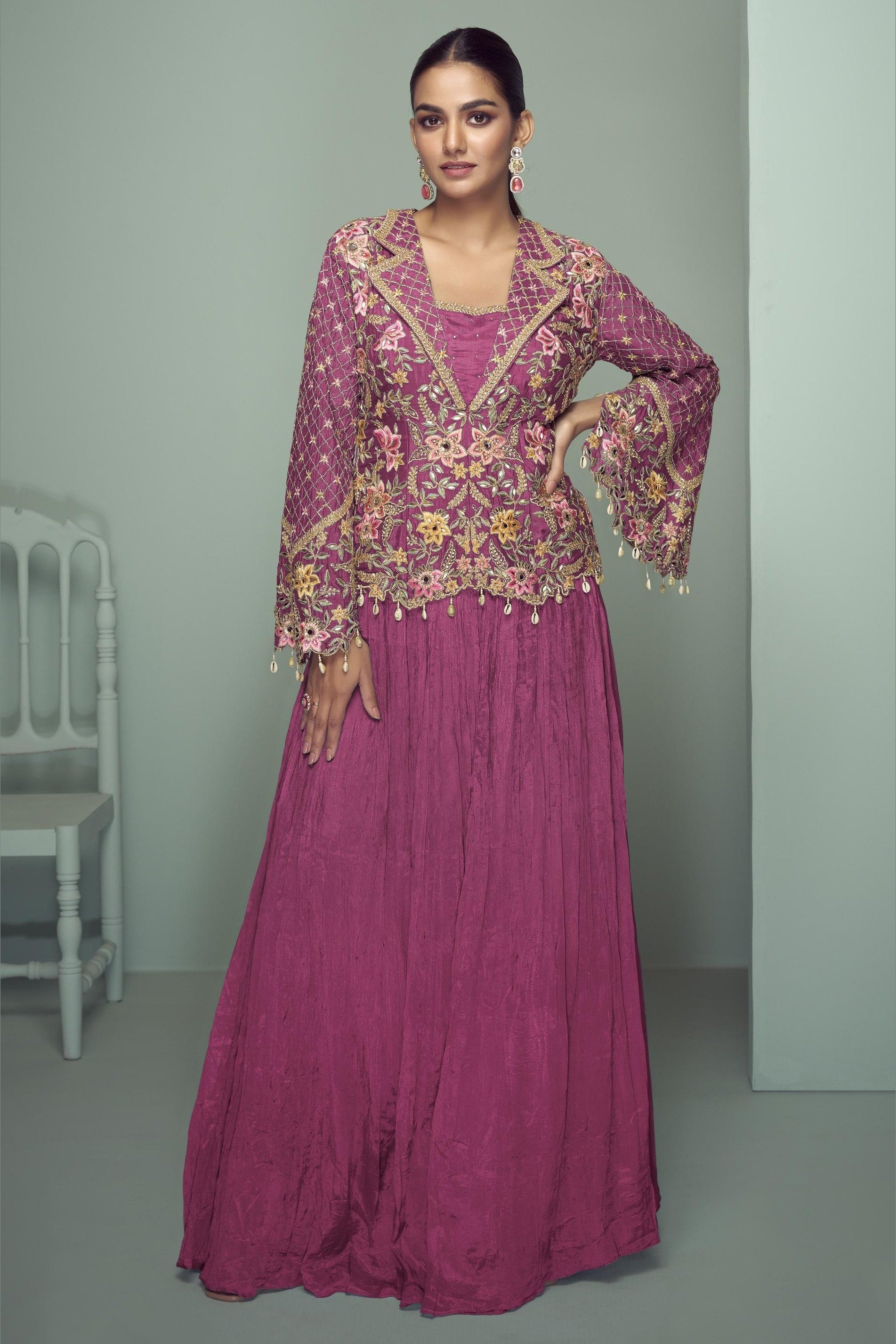 Pink Chinon Silk Kameez With Skirt For Indian & Pakistani Wedding Festival - Thread Embroidery Work, Real Mirror Work, Dori Work