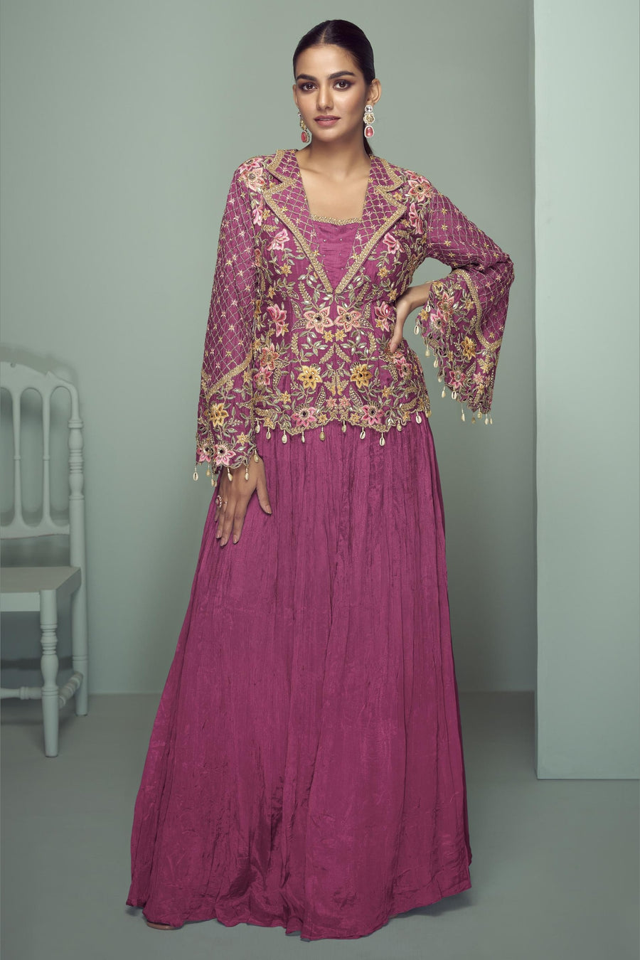 Pink Chinon Silk Kameez With Skirt For Indian & Pakistani Wedding Festival - Thread Embroidery Work, Real Mirror Work, Dori Work