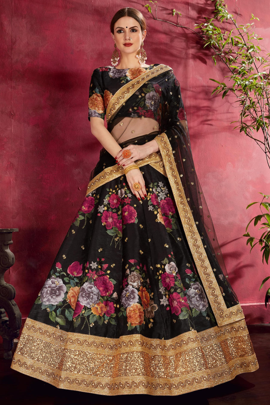 Black Banglori Silk Flower Lehenga Choli For Indian & Pakistani Wedding Festival - Sequins & Thread Embroidery Work, Dori Work, Zari Work, Print Work