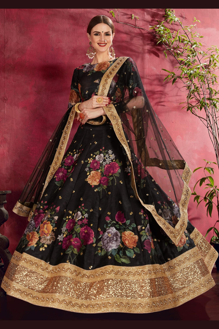 Black Banglori Silk Flower Lehenga Choli For Indian & Pakistani Wedding Festival - Sequins & Thread Embroidery Work, Dori Work, Zari Work, Print Work