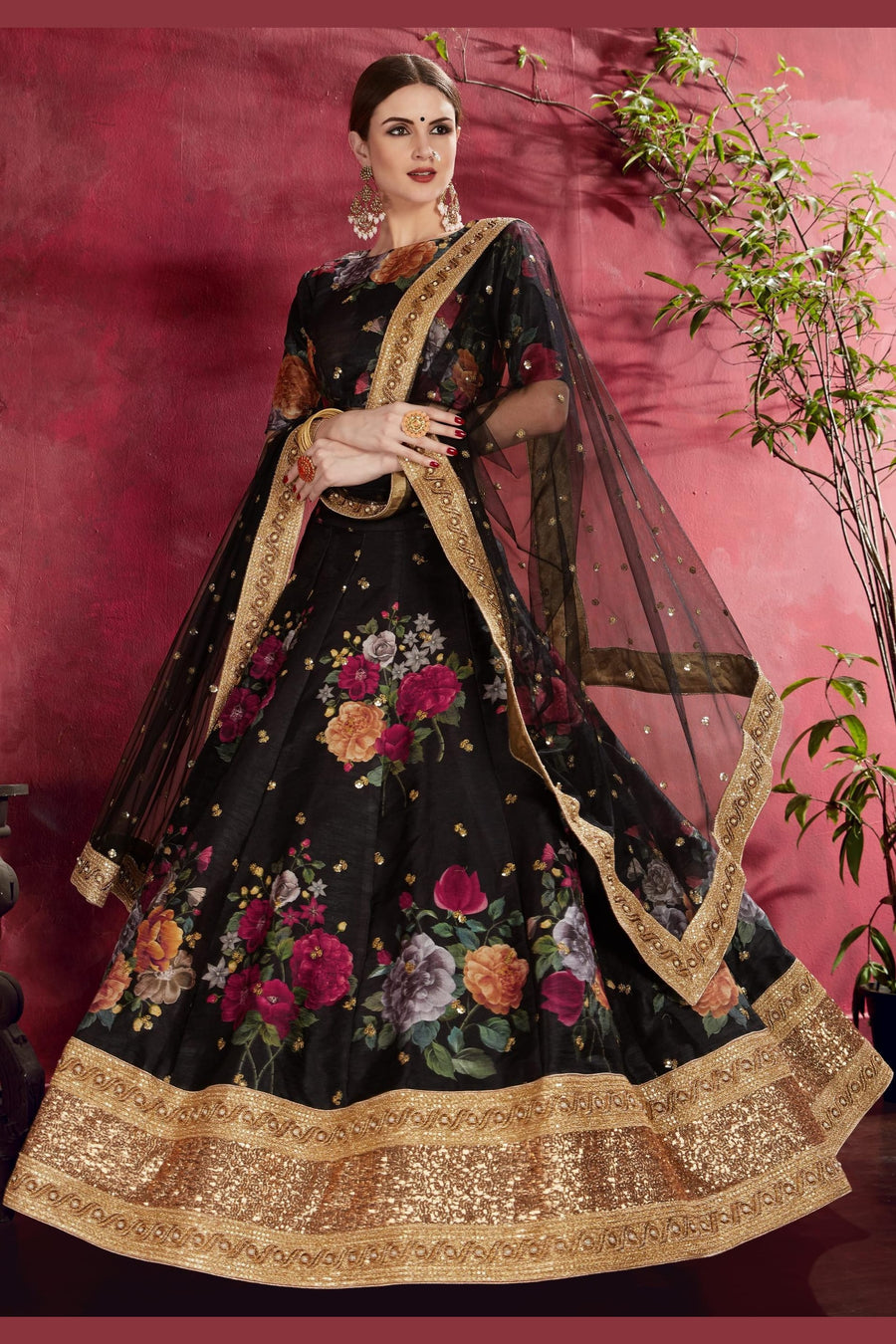Black Banglori Silk Flower Lehenga Choli For Indian & Pakistani Wedding Festival - Sequins & Thread Embroidery Work, Dori Work, Zari Work, Print Work