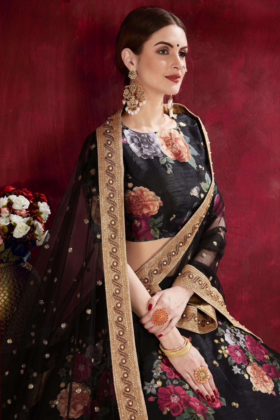 Black Banglori Silk Flower Lehenga Choli For Indian & Pakistani Wedding Festival - Sequins & Thread Embroidery Work, Dori Work, Zari Work, Print Work