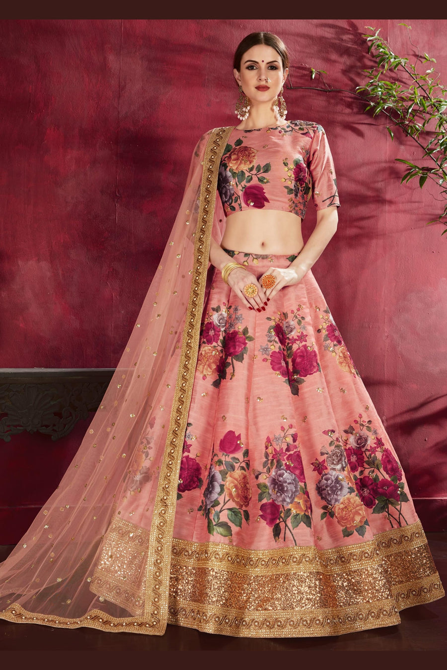 Peach Banglori Silk Flower Lehenga Choli For Indian & Pakistani Wedding Festival - Sequins & Thread Embroidery Work, Dori Work, Zari Work, Print Work
