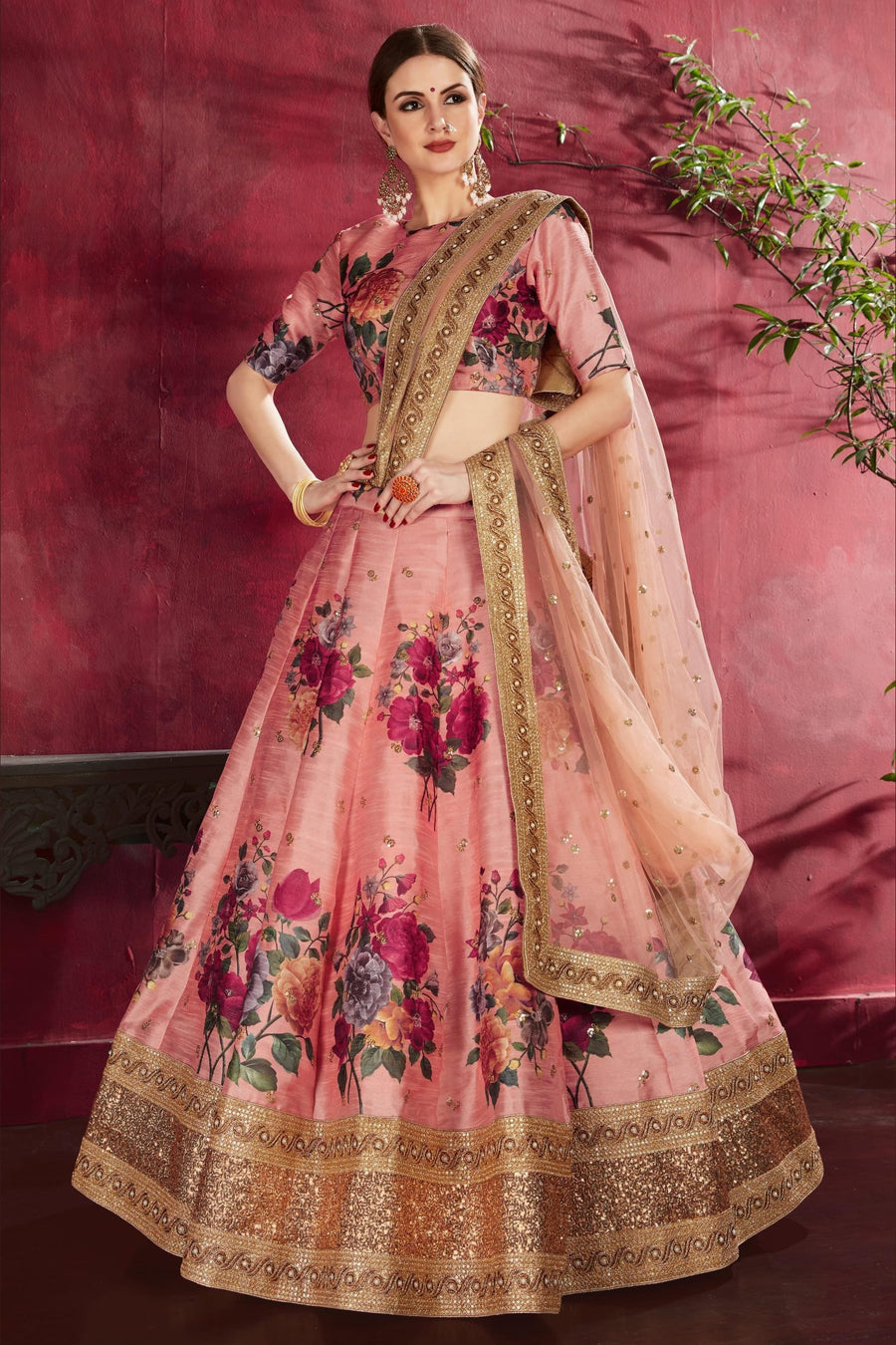 Peach Banglori Silk Flower Lehenga Choli For Indian & Pakistani Wedding Festival - Sequins & Thread Embroidery Work, Dori Work, Zari Work, Print Work
