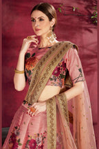 Peach Banglori Silk Flower Lehenga Choli For Indian & Pakistani Wedding Festival - Sequins & Thread Embroidery Work, Dori Work, Zari Work, Print Work