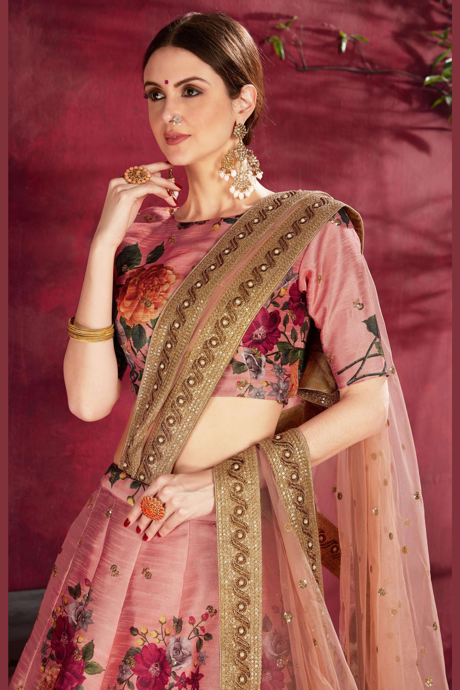 Peach Banglori Silk Flower Lehenga Choli For Indian & Pakistani Wedding Festival - Sequins & Thread Embroidery Work, Dori Work, Zari Work, Print Work