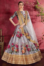 Grey Banglori Silk Flower Lehenga Choli For Indian & Pakistani Wedding Festival - Sequins & Thread Embroidery Work, Dori Work, Zari Work, Print Work