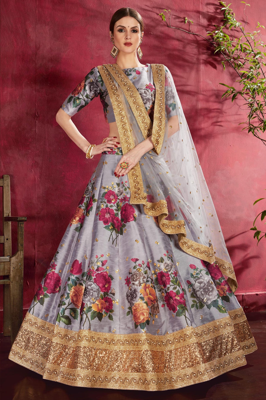 Grey Banglori Silk Flower Lehenga Choli For Indian & Pakistani Wedding Festival - Sequins & Thread Embroidery Work, Dori Work, Zari Work, Print Work