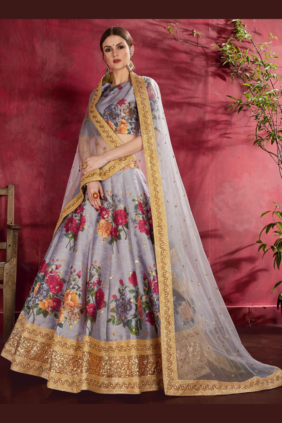 Grey Banglori Silk Flower Lehenga Choli For Indian & Pakistani Wedding Festival - Sequins & Thread Embroidery Work, Dori Work, Zari Work, Print Work