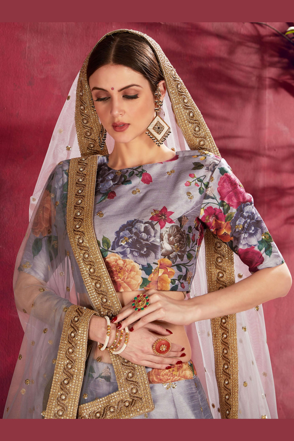Grey Banglori Silk Flower Lehenga Choli For Indian & Pakistani Wedding Festival - Sequins & Thread Embroidery Work, Dori Work, Zari Work, Print Work
