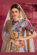 Grey Banglori Silk Flower Lehenga Choli For Indian & Pakistani Wedding Festival - Sequins & Thread Embroidery Work, Dori Work, Zari Work, Print Work