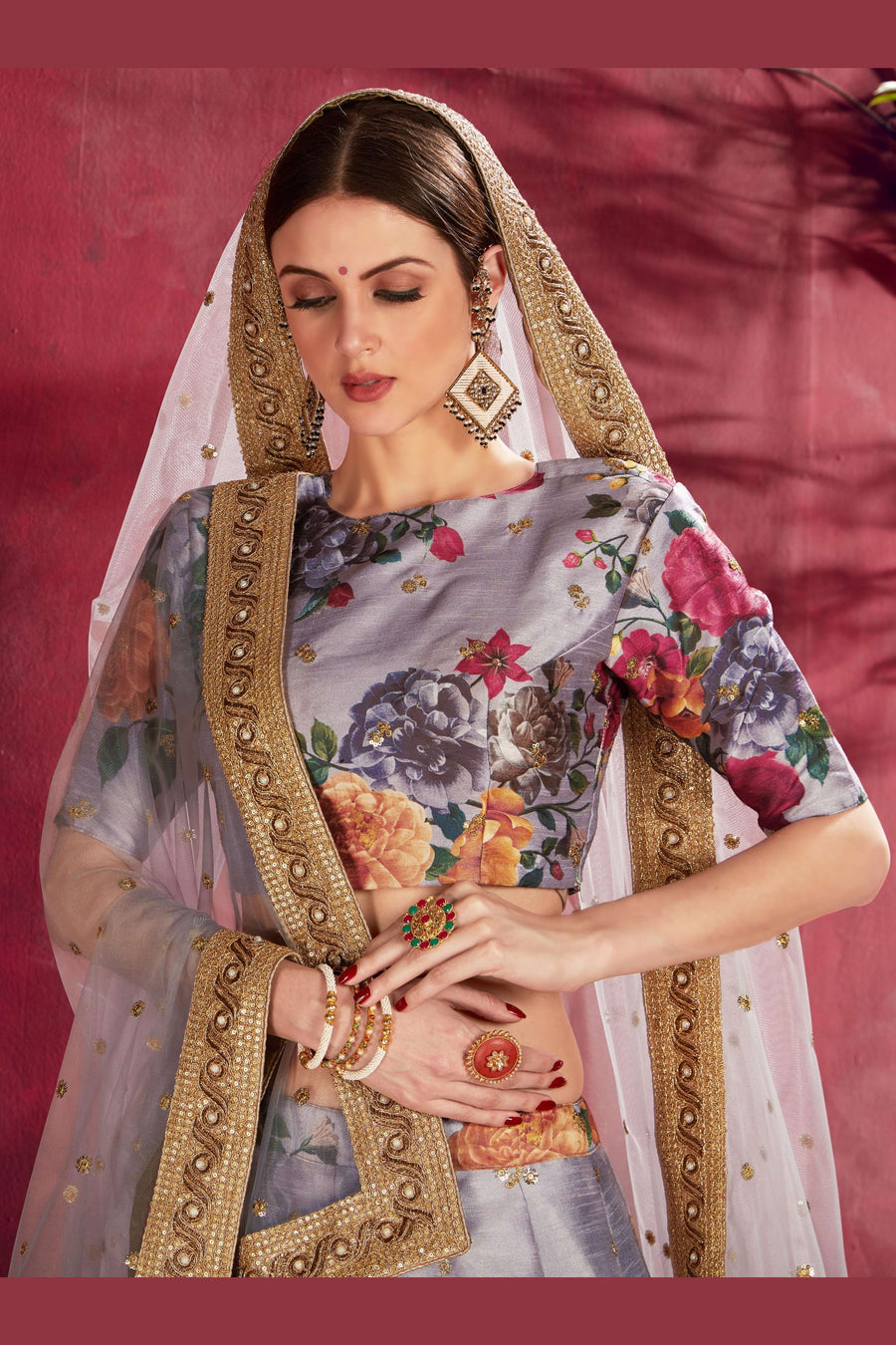 Grey Banglori Silk Flower Lehenga Choli For Indian & Pakistani Wedding Festival - Sequins & Thread Embroidery Work, Dori Work, Zari Work, Print Work