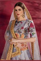 Grey Banglori Silk Flower Lehenga Choli For Indian & Pakistani Wedding Festival - Sequins & Thread Embroidery Work, Dori Work, Zari Work, Print Work