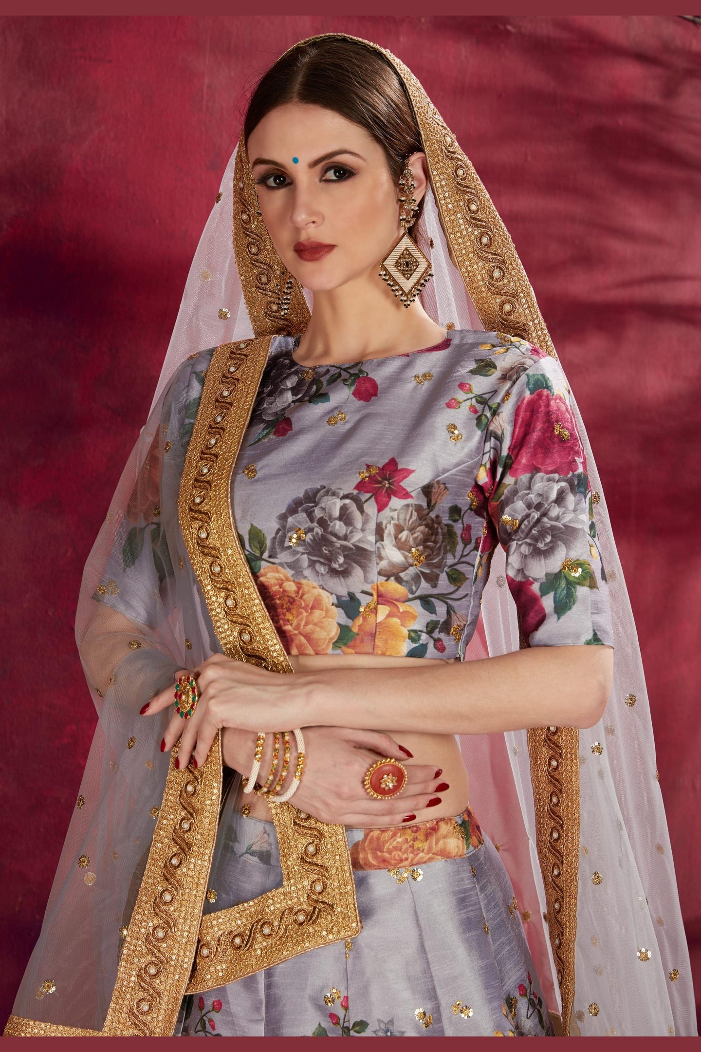 Grey Banglori Silk Flower Lehenga Choli For Indian & Pakistani Wedding Festival - Sequins & Thread Embroidery Work, Dori Work, Zari Work, Print Work