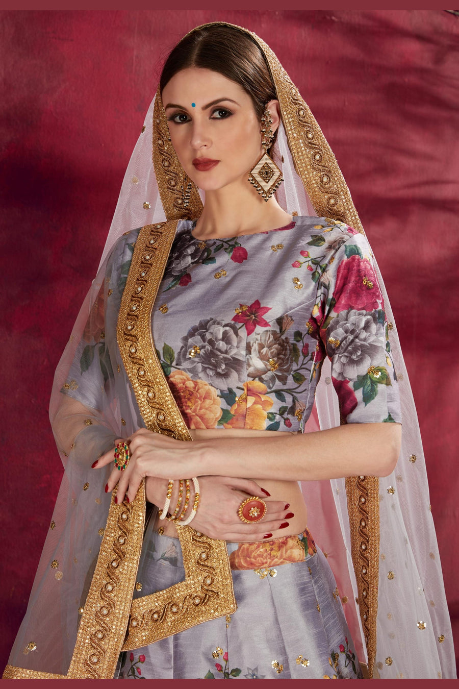 Grey Banglori Silk Flower Lehenga Choli For Indian & Pakistani Wedding Festival - Sequins & Thread Embroidery Work, Dori Work, Zari Work, Print Work