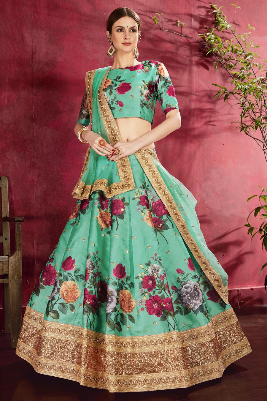 Sea Green Banglori Silk Flower Lehenga Choli For Indian & Pakistani Wedding Festival - Sequins & Thread Embroidery Work, Dori Work, Zari Work, Print Work