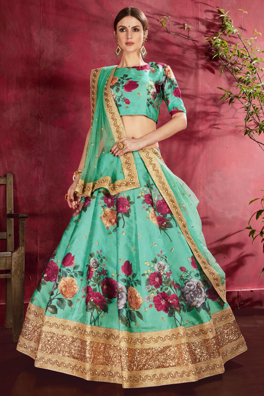 Sea Green Banglori Silk Flower Lehenga Choli For Indian & Pakistani Wedding Festival - Sequins & Thread Embroidery Work, Dori Work, Zari Work, Print Work