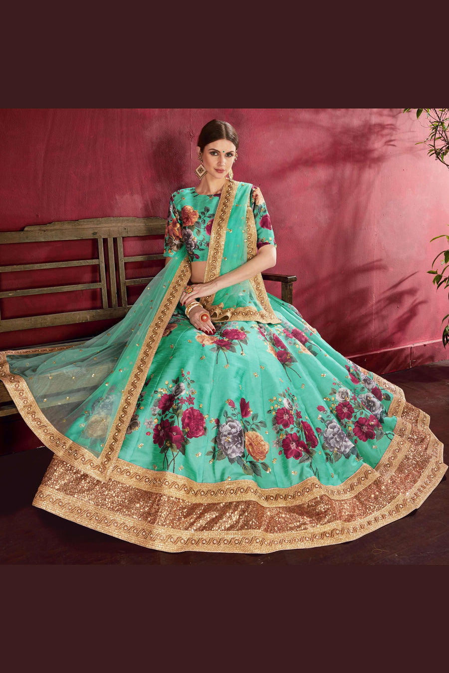 Sea Green Banglori Silk Flower Lehenga Choli For Indian & Pakistani Wedding Festival - Sequins & Thread Embroidery Work, Dori Work, Zari Work, Print Work