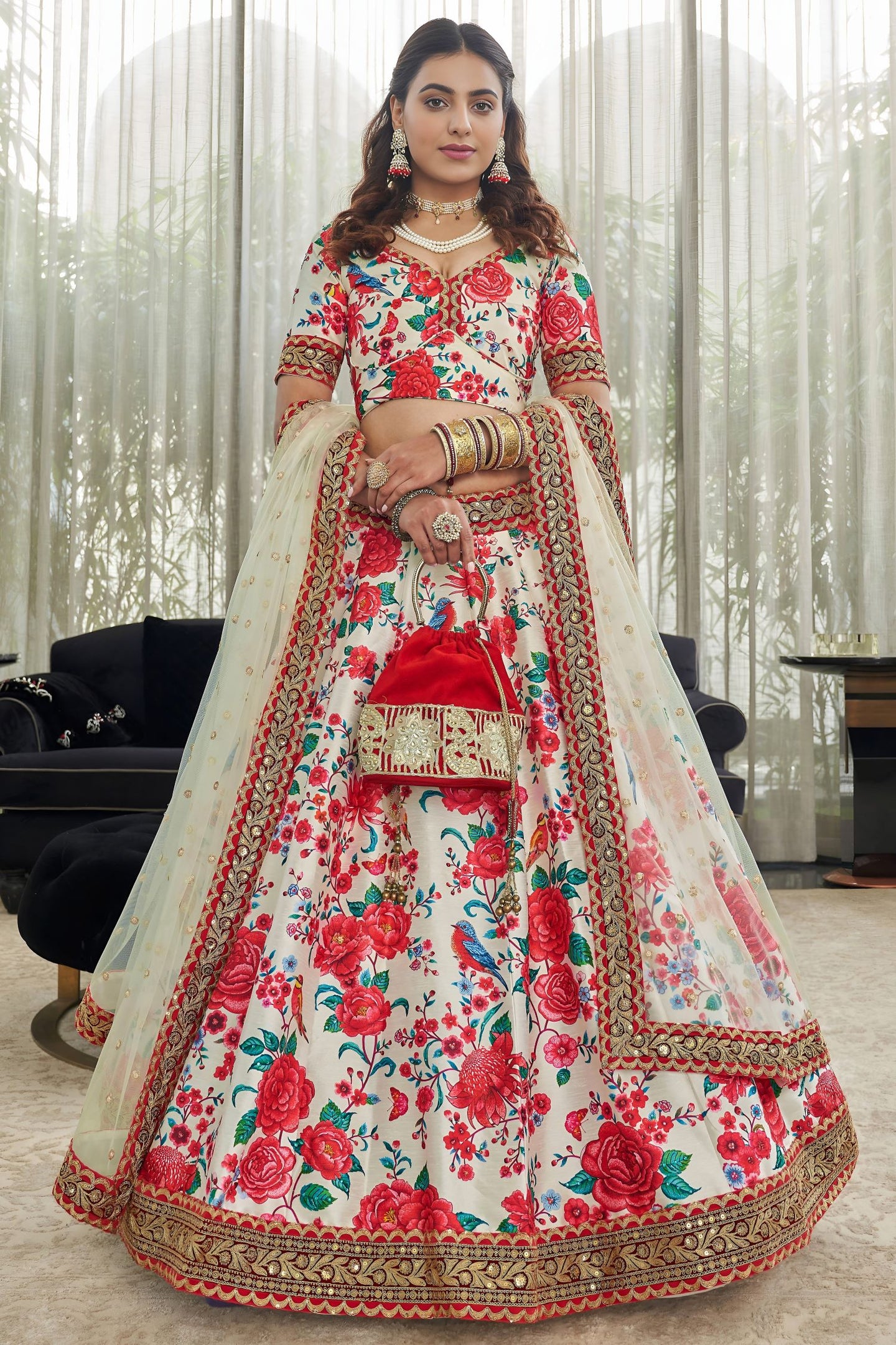 Rose Art Silk Floral Lehenga Choli for Wedding Reception with Sequins and Stone Work