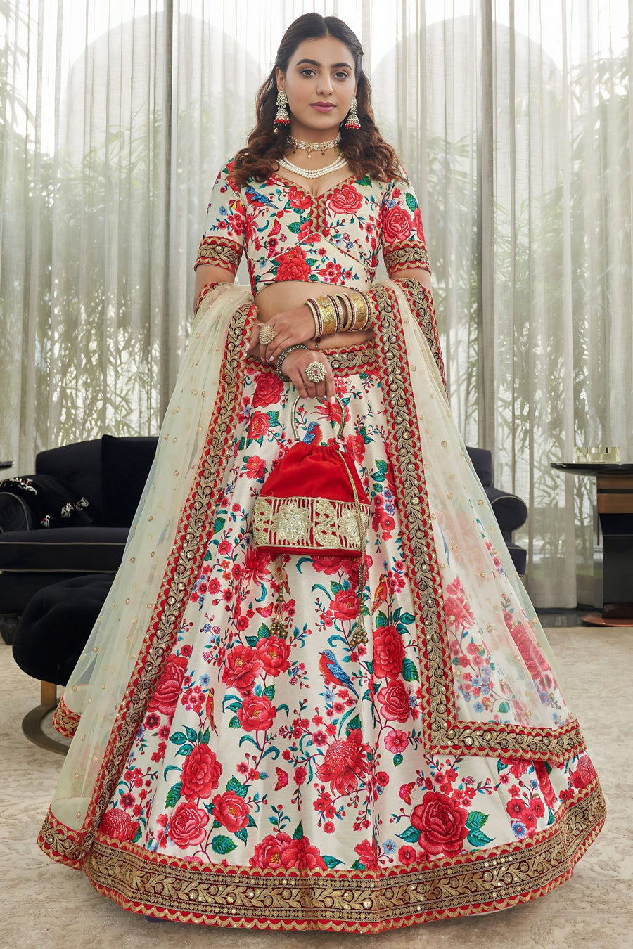 Rose Art Silk Floral Lehenga Choli for Wedding Reception with Sequins and Stone Work