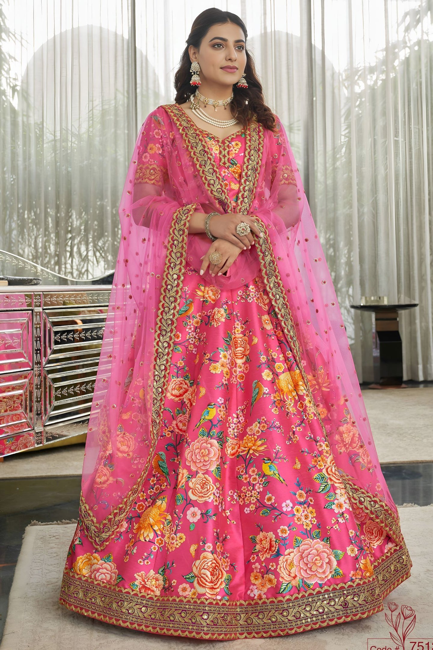 Hot Pink Art Silk Floral Lehenga Choli for Wedding Reception with Sequins and Stone Work