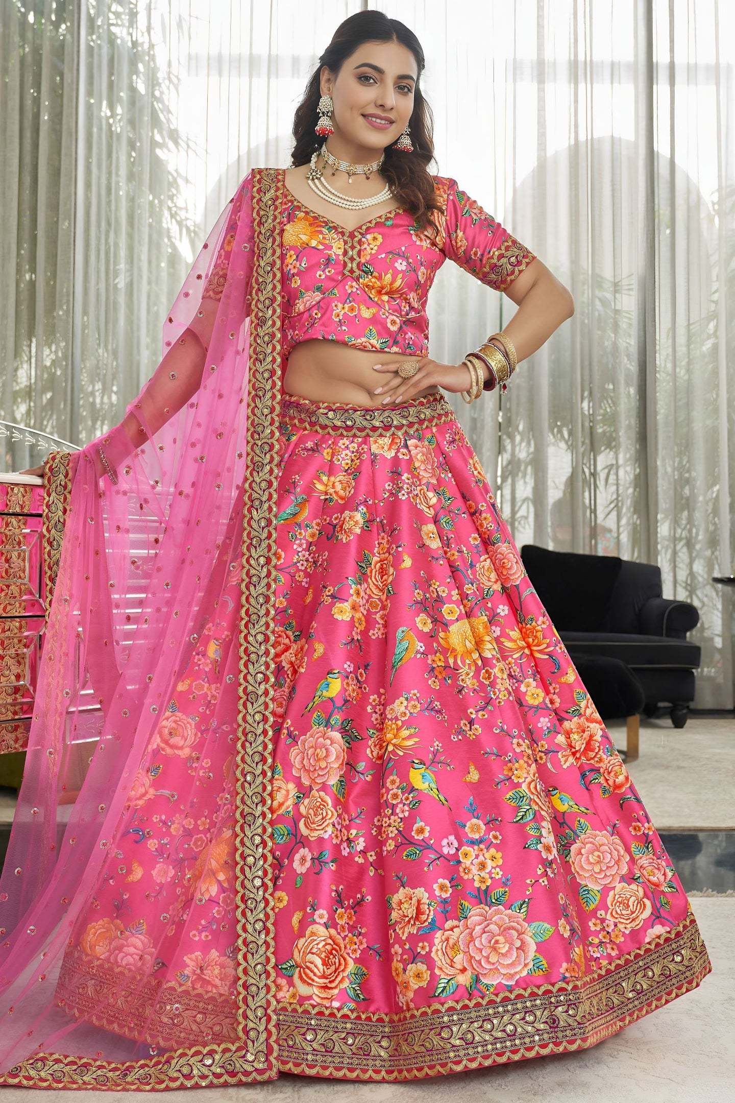 Hot Pink Art Silk Floral Lehenga Choli for Wedding Reception with Sequins and Stone Work