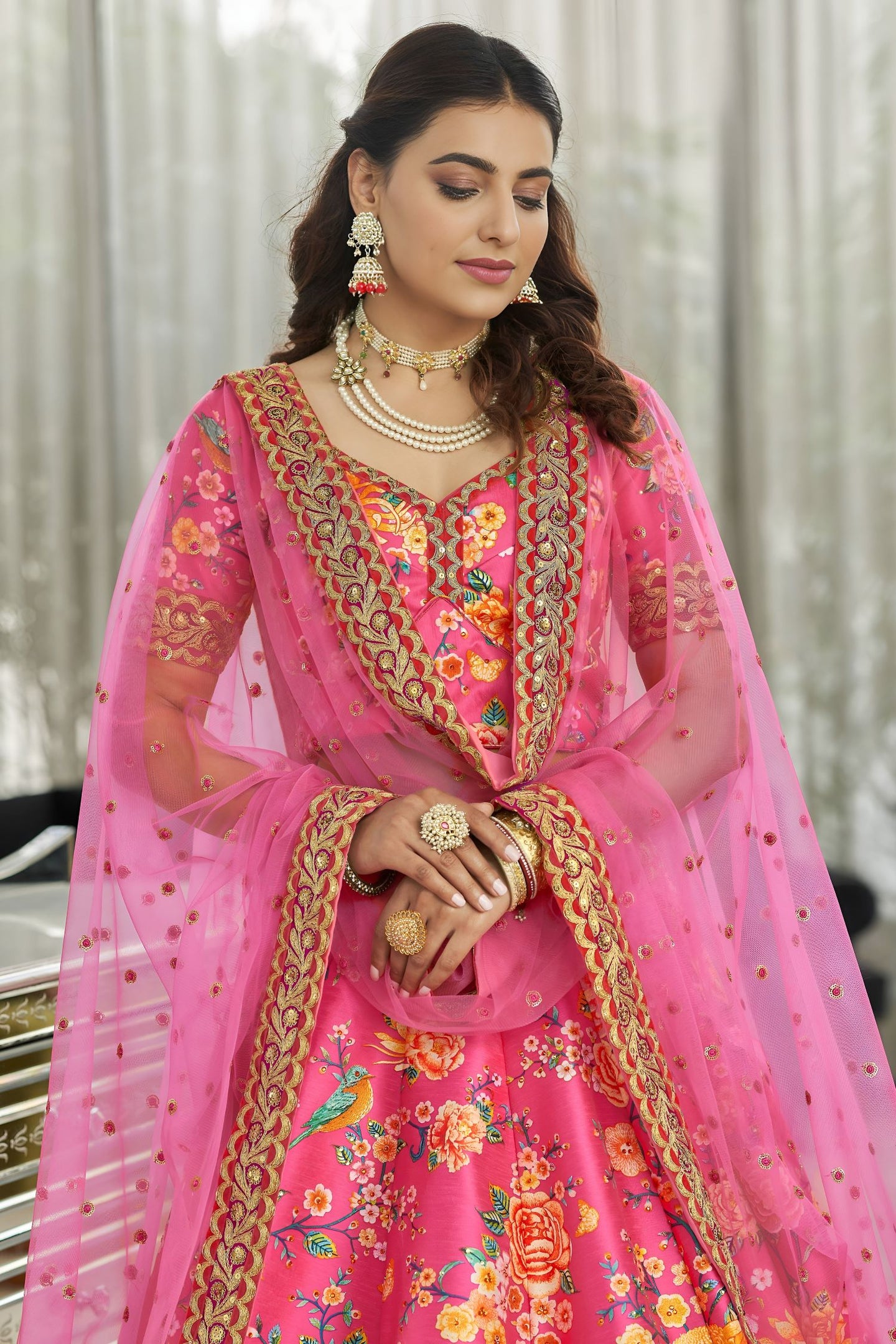 Hot Pink Art Silk Floral Lehenga Choli for Wedding Reception with Sequins and Stone Work