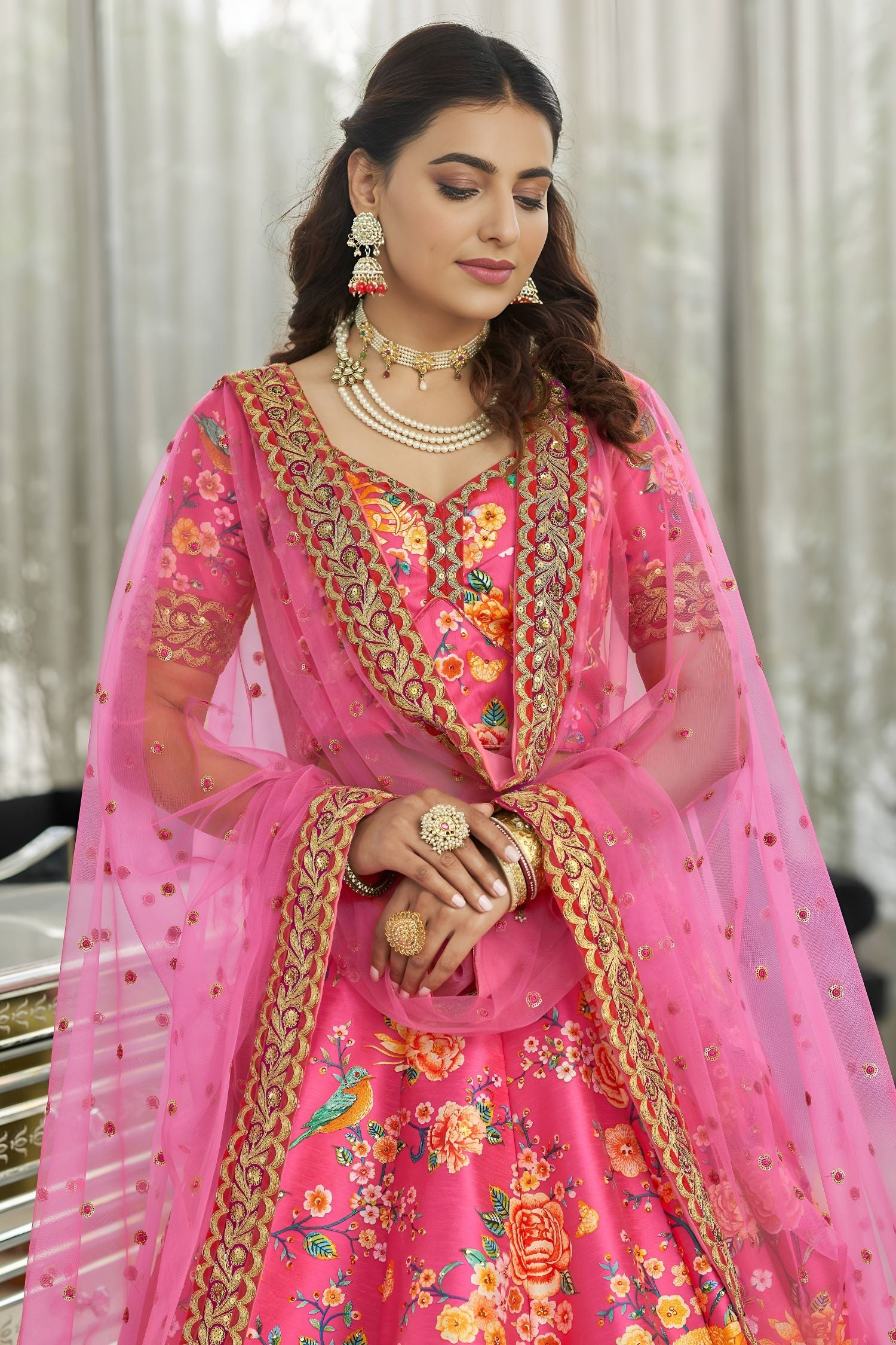 Hot Pink Art Silk Floral Lehenga Choli for Wedding Reception with Sequins and Stone Work