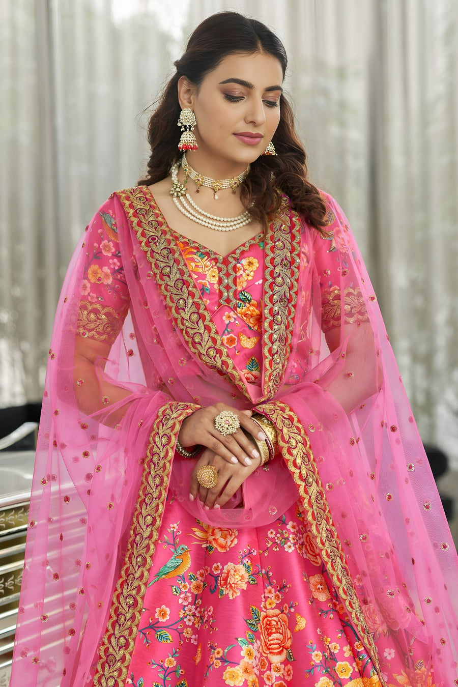 Hot Pink Art Silk Floral Lehenga Choli for Wedding Reception with Sequins and Stone Work