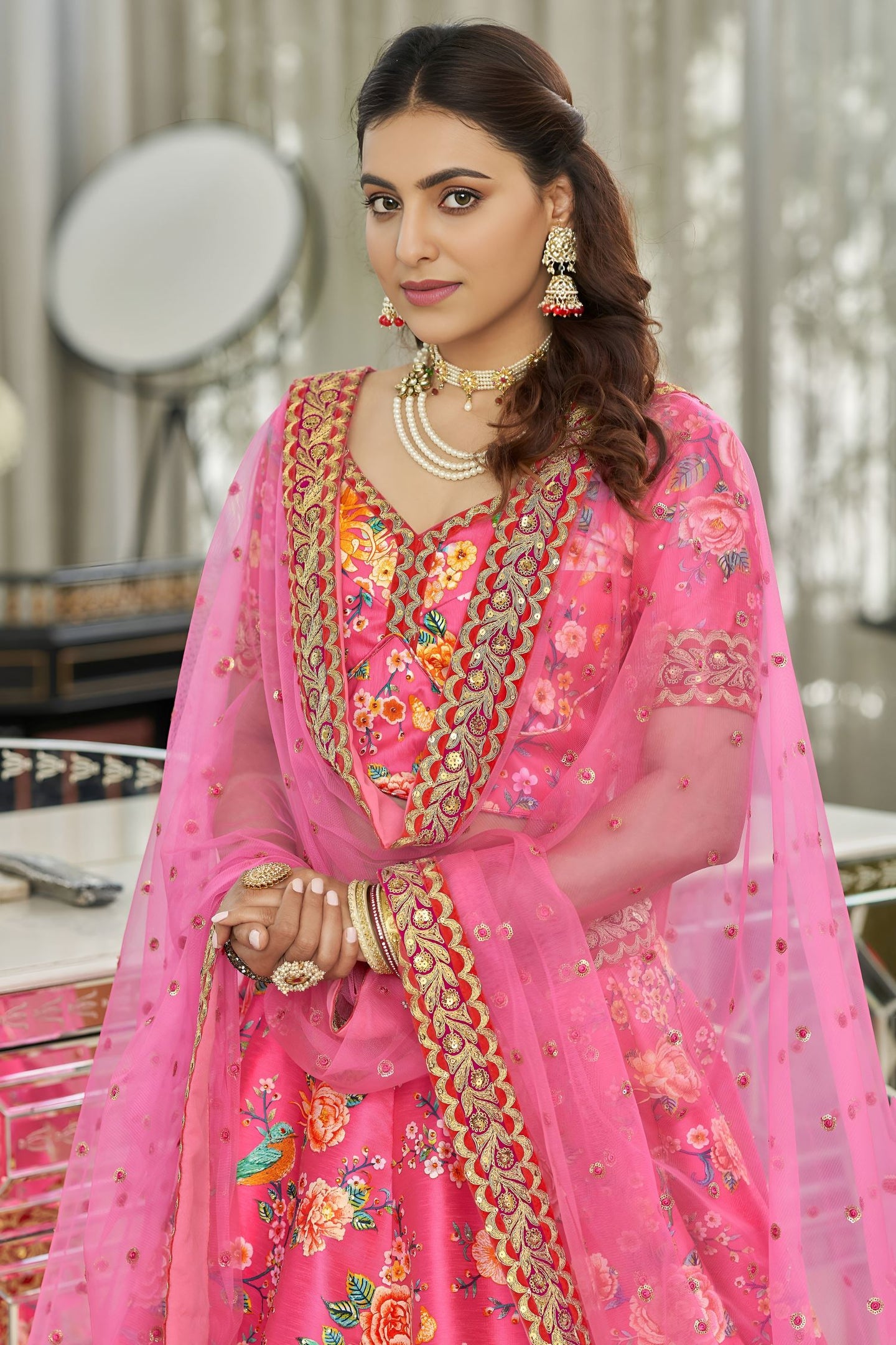 Hot Pink Art Silk Floral Lehenga Choli for Wedding Reception with Sequins and Stone Work
