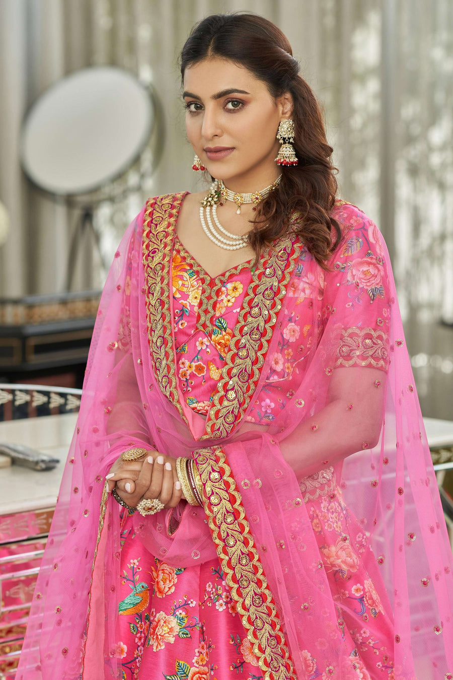 Lehenga for wedding reception for Receptions Dark Pink Art Silk Floral Print Dori Stone Work