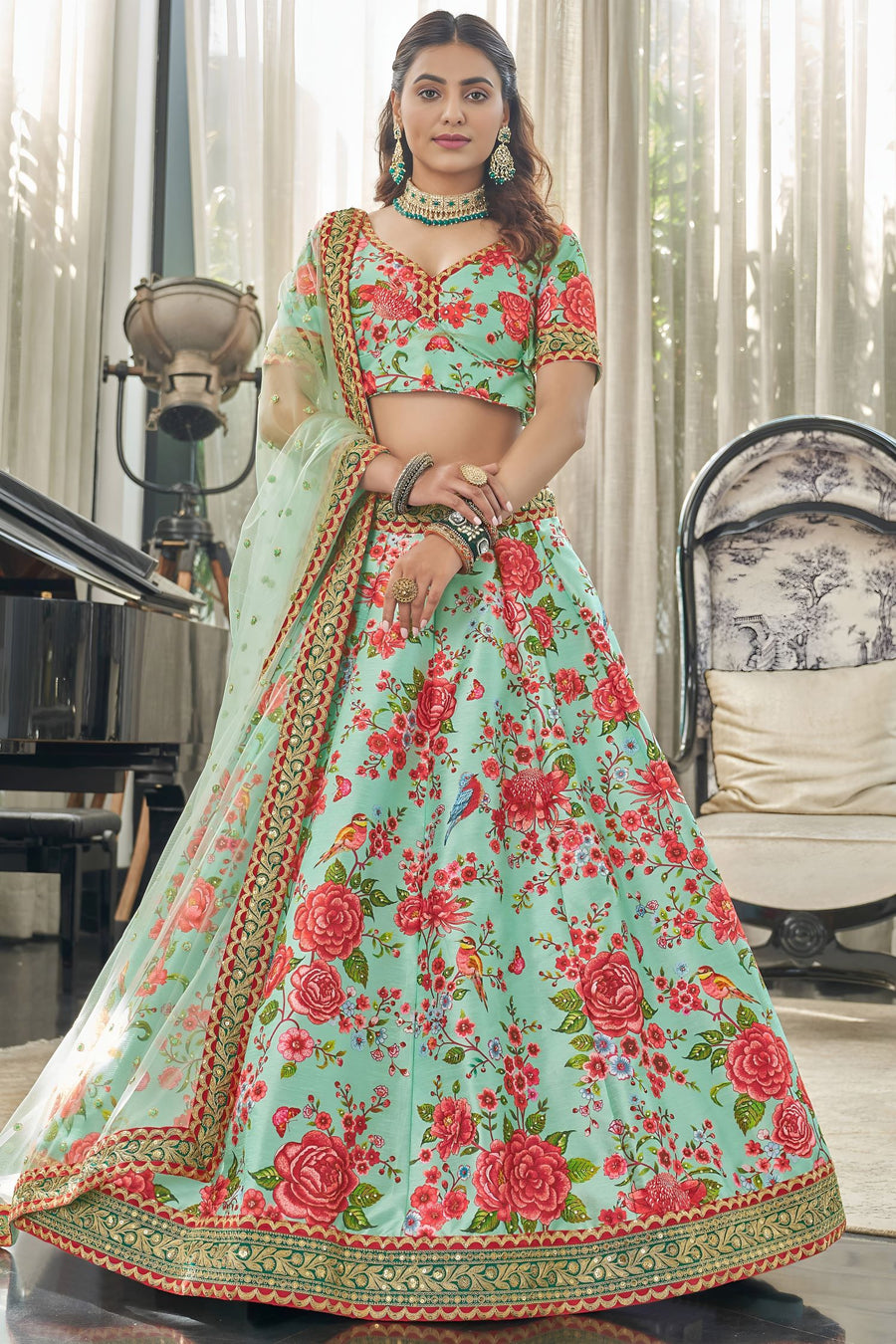 Rama Art Silk Floral Lehenga Choli for Wedding Reception with Sequins and Stone Work