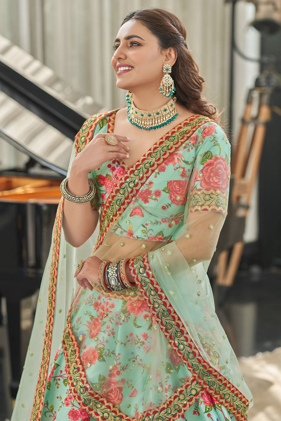 Rama Art Silk Floral Lehenga Choli for Wedding Reception with Sequins and Stone Work