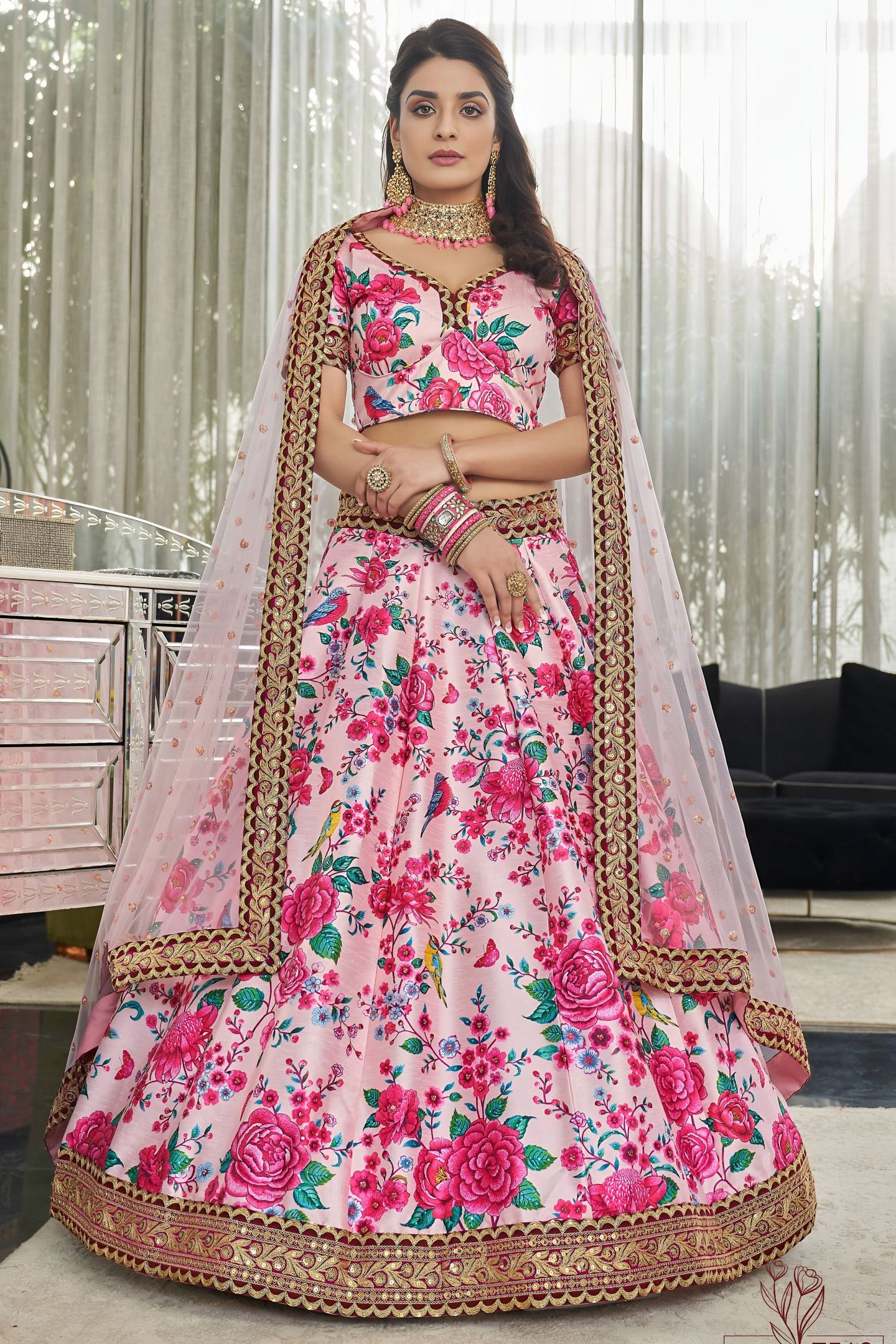 Pink Art Silk Floral Lehenga Choli for Wedding Reception with Sequins and Stone Work