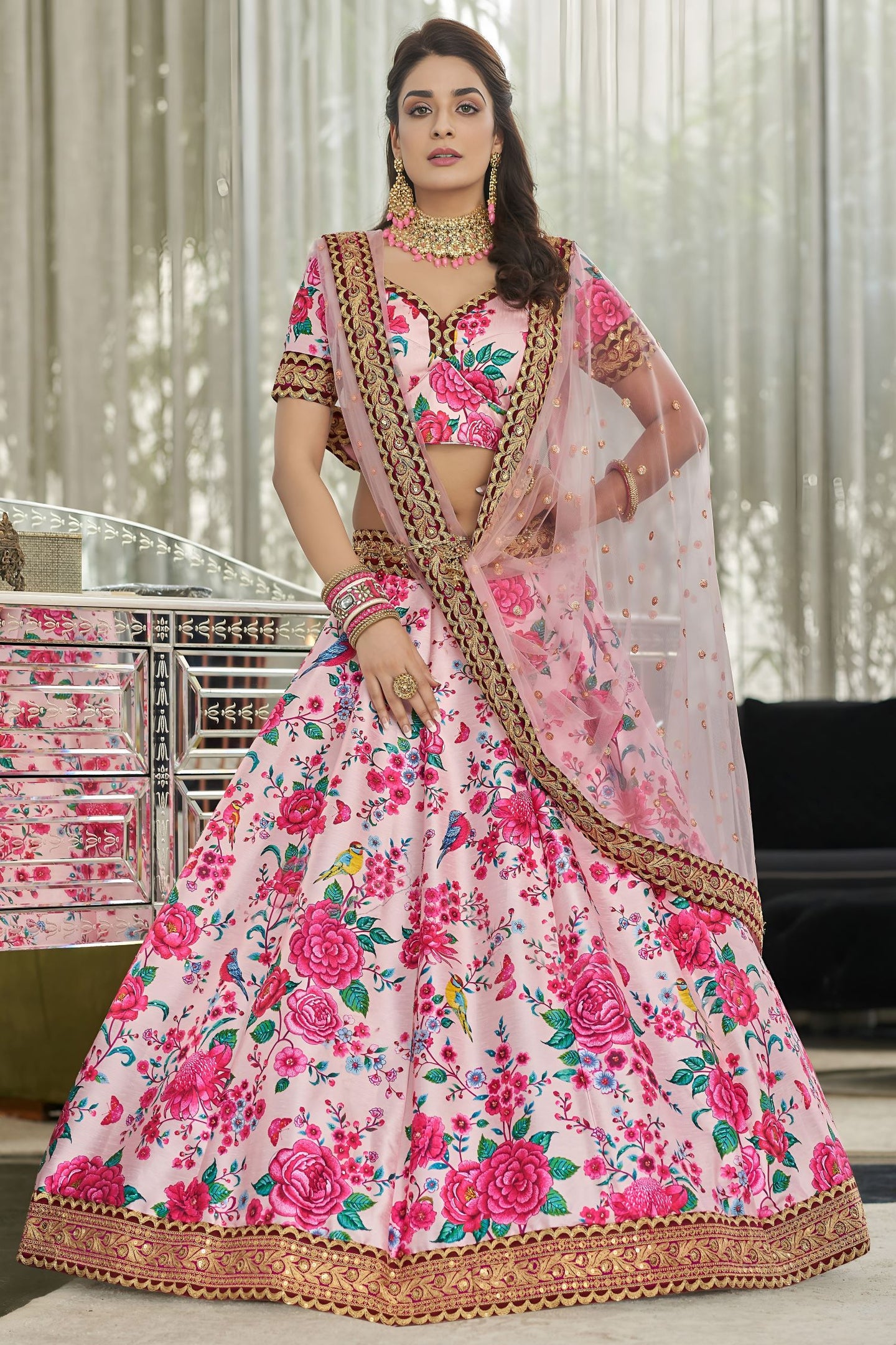 Pink Art Silk Floral Lehenga Choli for Wedding Reception with Sequins and Stone Work