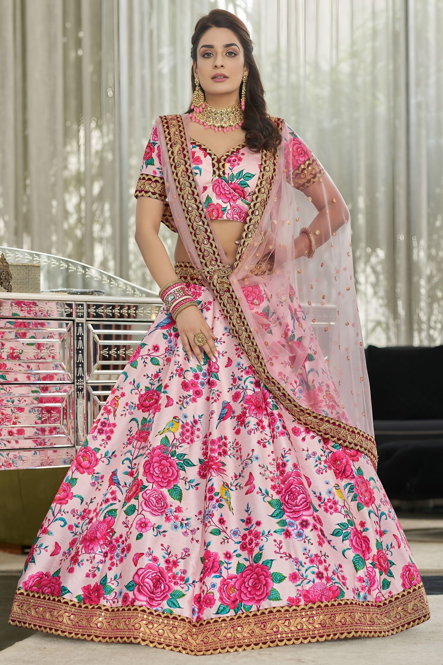 Pink Art Silk Floral Lehenga Choli for Wedding Reception with Sequins and Stone Work
