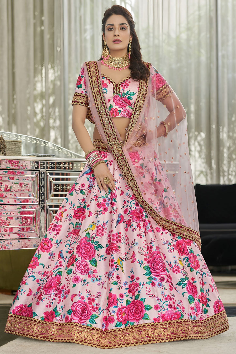 Pink Art Silk Floral Lehenga Choli for Wedding Reception with Sequins and Stone Work
