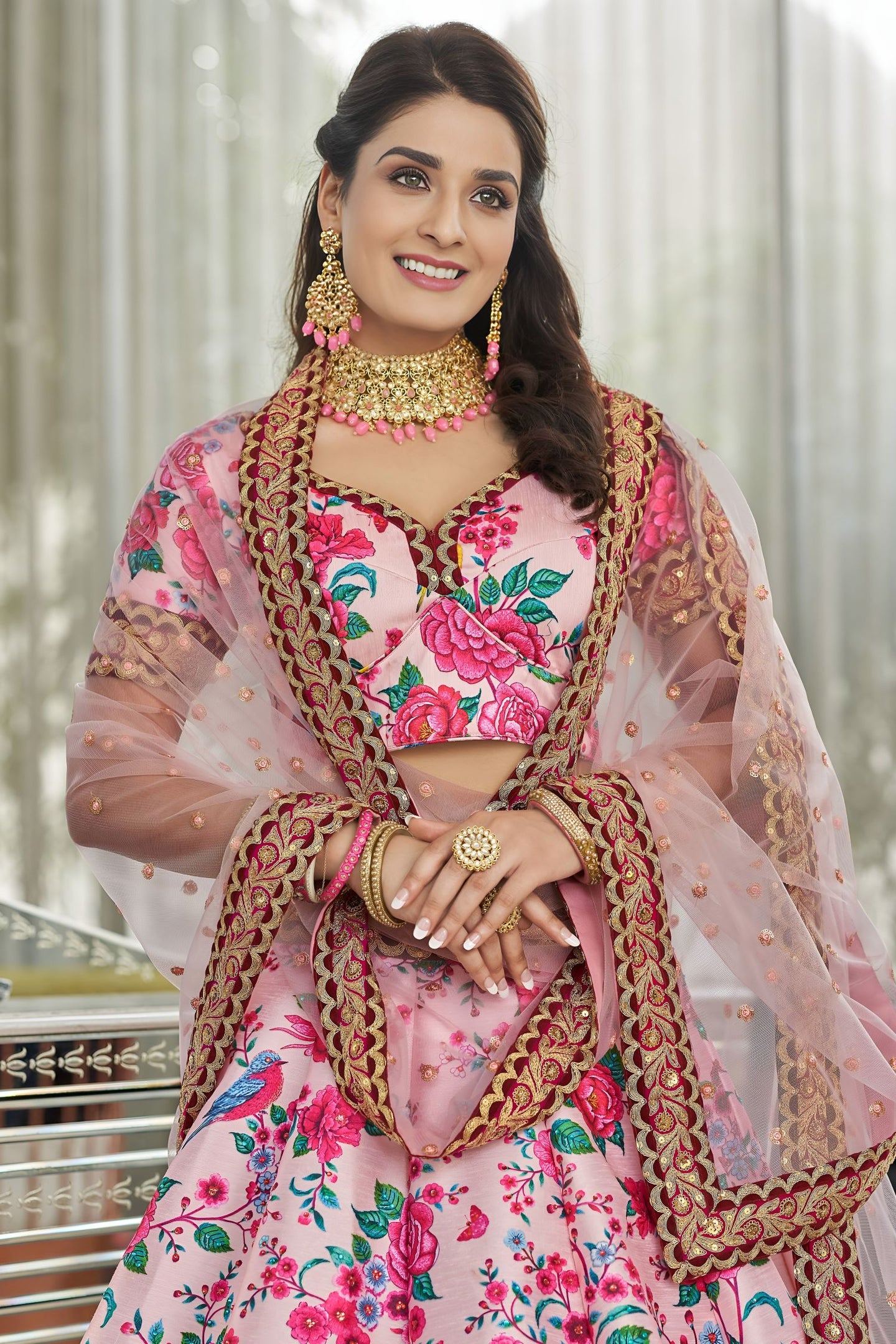 Pink Art Silk Floral Lehenga Choli for Wedding Reception with Sequins and Stone Work