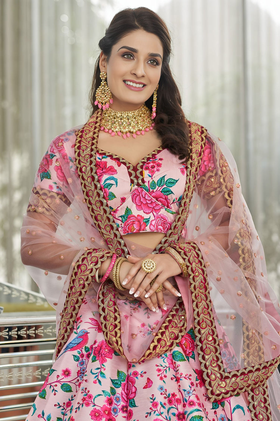 Pink Art Silk Floral Lehenga Choli for Wedding Reception with Sequins and Stone Work