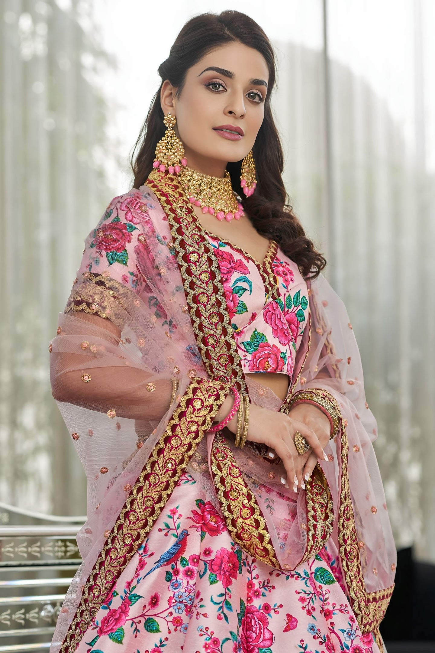 Pink Art Silk Floral Lehenga Choli for Wedding Reception with Sequins and Stone Work