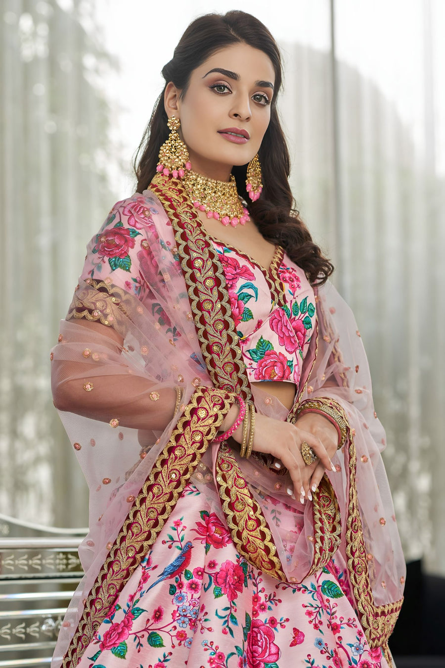 Pink Art Silk Floral Lehenga Choli for Wedding Reception with Sequins and Stone Work