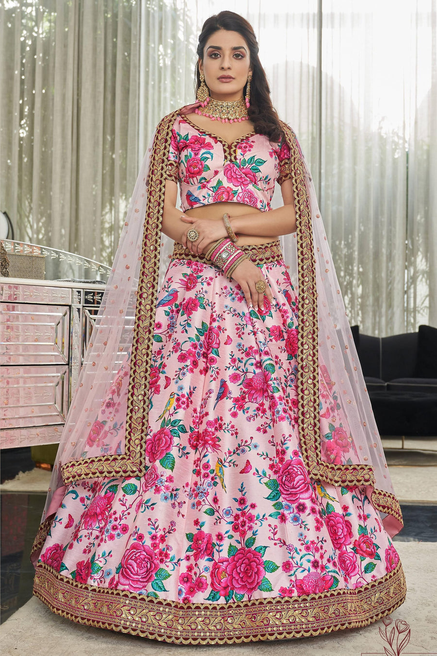 Floral Lehenga for Parties and Receptions in Pastel Pink Art Silk with Sequins and Stone Work