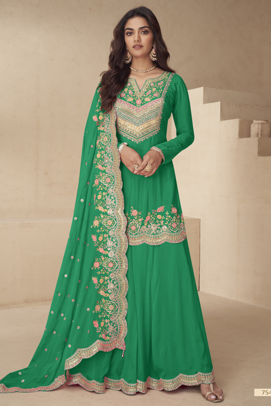 Green Palazo for Sangeet with Thread and Sequins Embroidery Chinon Silk Suit
