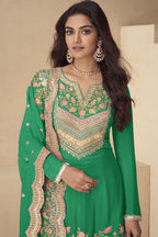 Green Palazo for Sangeet with Thread and Sequins Embroidery Chinon Silk Suit