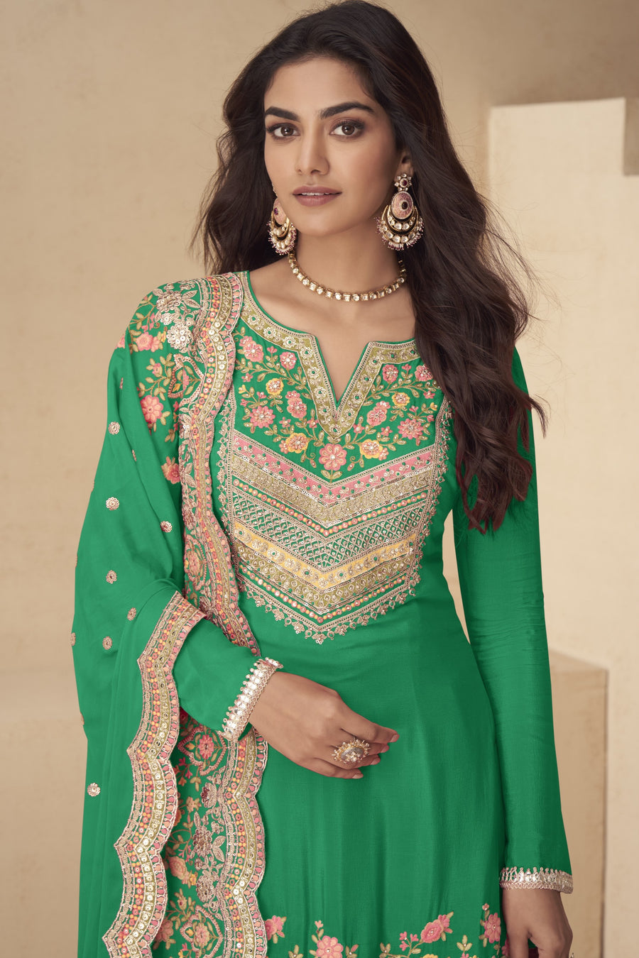 Green Palazo for Sangeet with Thread and Sequins Embroidery Chinon Silk Suit