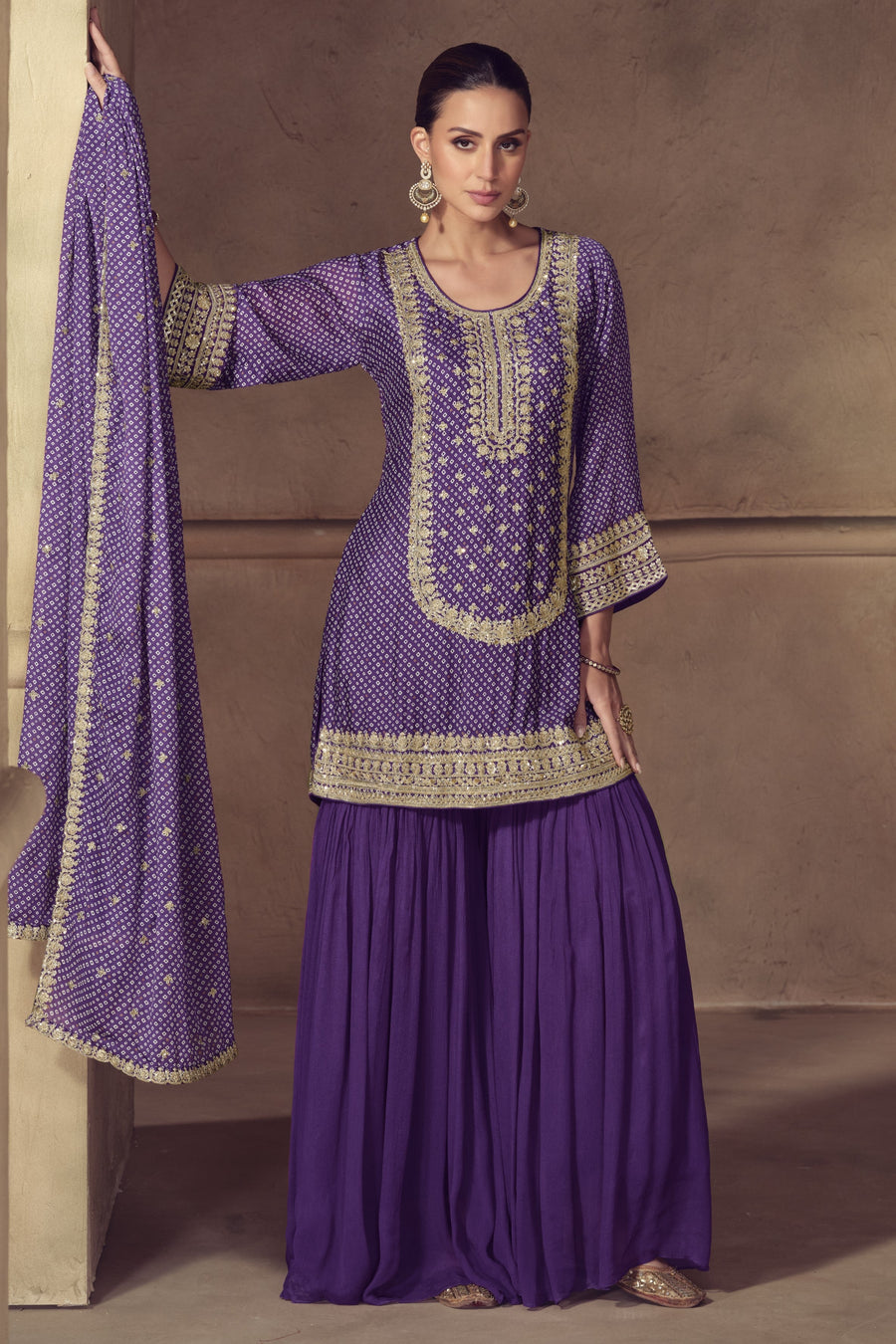 Purple Chinon Silk Sharara Suit For Indian & Pakistani Wedding Festival - Print Work, Thread & Sequins Embroider Work
